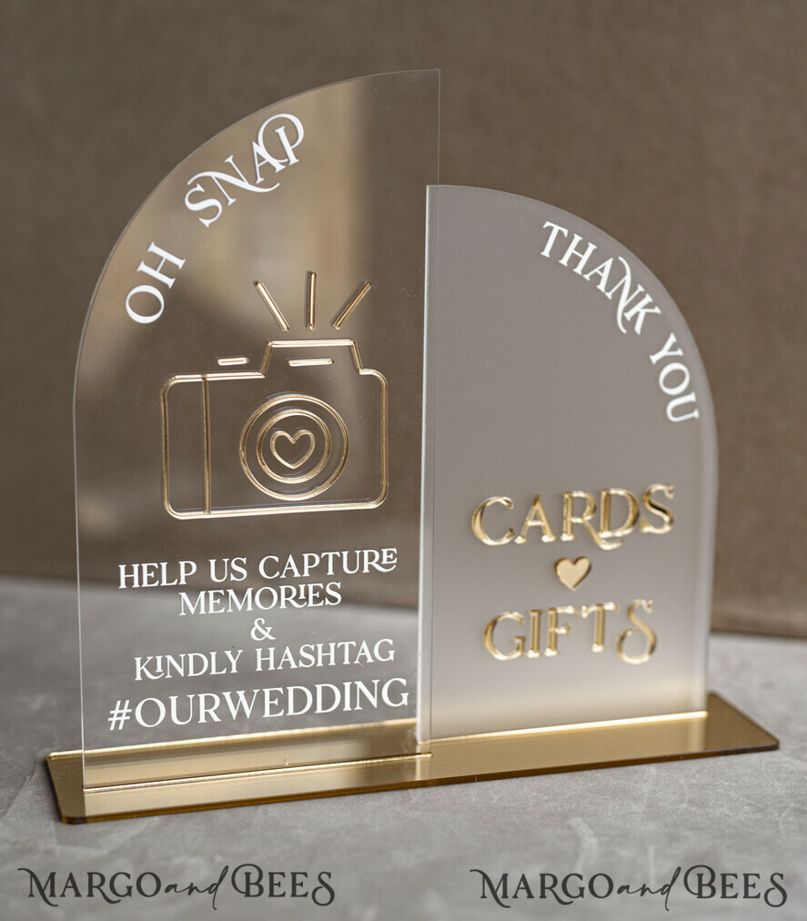 TISCHDEKORATIONSCHILDER   Gästebuch & Karten Geschenke Schilder Acrylbogen Oh Snap & Karten und Geschenke Schild Kombi, Klarer goldener Spiegel Hochzeits-Hashtag und Dankes-Schild im Bulk, Gold Plexi Kartenbox-Schild und Tag Us In That Set, Hochzeits-Tischdekor Beschilderung.
