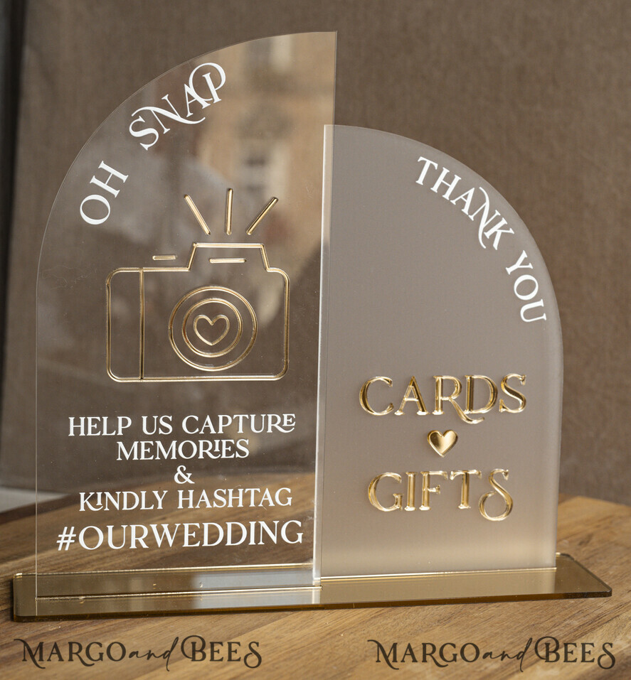 TISCHDEKORATIONSCHILDER   Gästebuch & Karten Geschenke Schilder Acrylbogen Oh Snap & Karten und Geschenke Schild Kombi, Klarer goldener Spiegel Hochzeits-Hashtag und Dankes-Schild im Bulk, Gold Plexi Kartenbox-Schild und Tag Us In That Set, Hochzeits-Tischdekor Beschilderung.