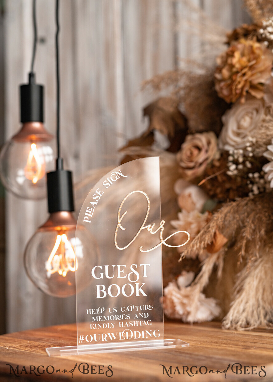 TISCHDEKORATIONSCHILDER   Gästebuch & Karten Geschenke Schilder Transparente Acrylschild Unser Gästebuch Schild, Halber Bogen Beige Ombre Acryl Gold Gästebuch Schild, Nude Gold Plexi Schild Unser Gästebuch, Taupe Luxus Hochzeits Tischdekoration, Hochzeitsbeschilderung Goldenes Spiegel Gästebuch Schild mit Ständer.