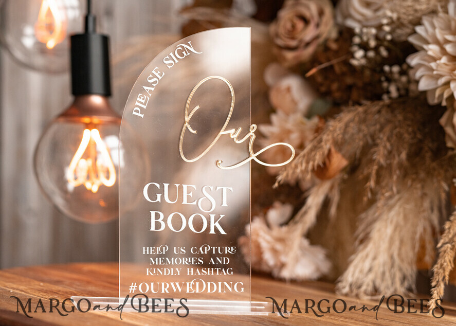 TISCHDEKORATIONSCHILDER   Gästebuch & Karten Geschenke Schilder Transparente Acrylschild Unser Gästebuch Schild, Halber Bogen Beige Ombre Acryl Gold Gästebuch Schild, Nude Gold Plexi Schild Unser Gästebuch, Taupe Luxus Hochzeits Tischdekoration, Hochzeitsbeschilderung Goldenes Spiegel Gästebuch Schild mit Ständer.