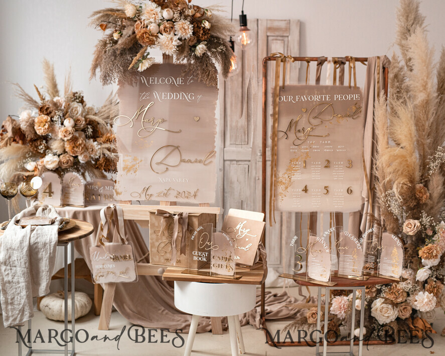 TISCHDEKORATIONSCHILDER   Gästebuch & Karten Geschenke Schilder Acryl-Arch-Karten & Gästebuch-Schild-Kombination, klar-beige Ombre-Acryl & goldenes Schild, goldene Plexi-Kartenbox und Schild unser Gästebuch-Schild, luxuriöse Hochzeits-Nude-Tischdekoration, Hochzeit Taupe Beschilderung goldene Spiegelkarten Gästebuch-Schild.