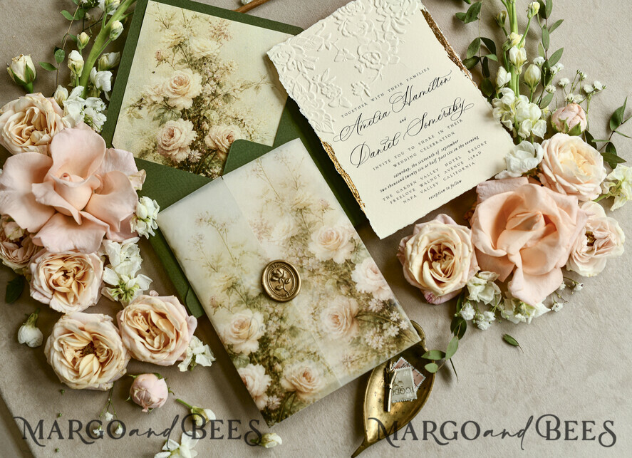 HOCHZEITS EINLADUNGEN geprägte Einladungen Hochzeits Einladung, Goldene Prägung Rosen Florale Hochzeits Einladung,