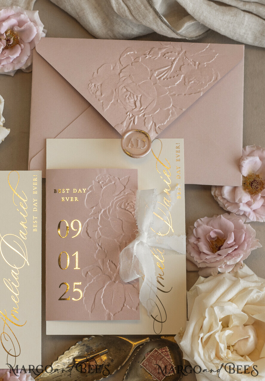 HOCHZEITS EINLADUNGEN geprägte Einladungen Blush Gold Hochzeits Einladung mit chiffon zerrissenem Bogen, Verpackung Goldene Elegante Rosen Florale Hochzeits Einladung mit 3D Prägung Blumen