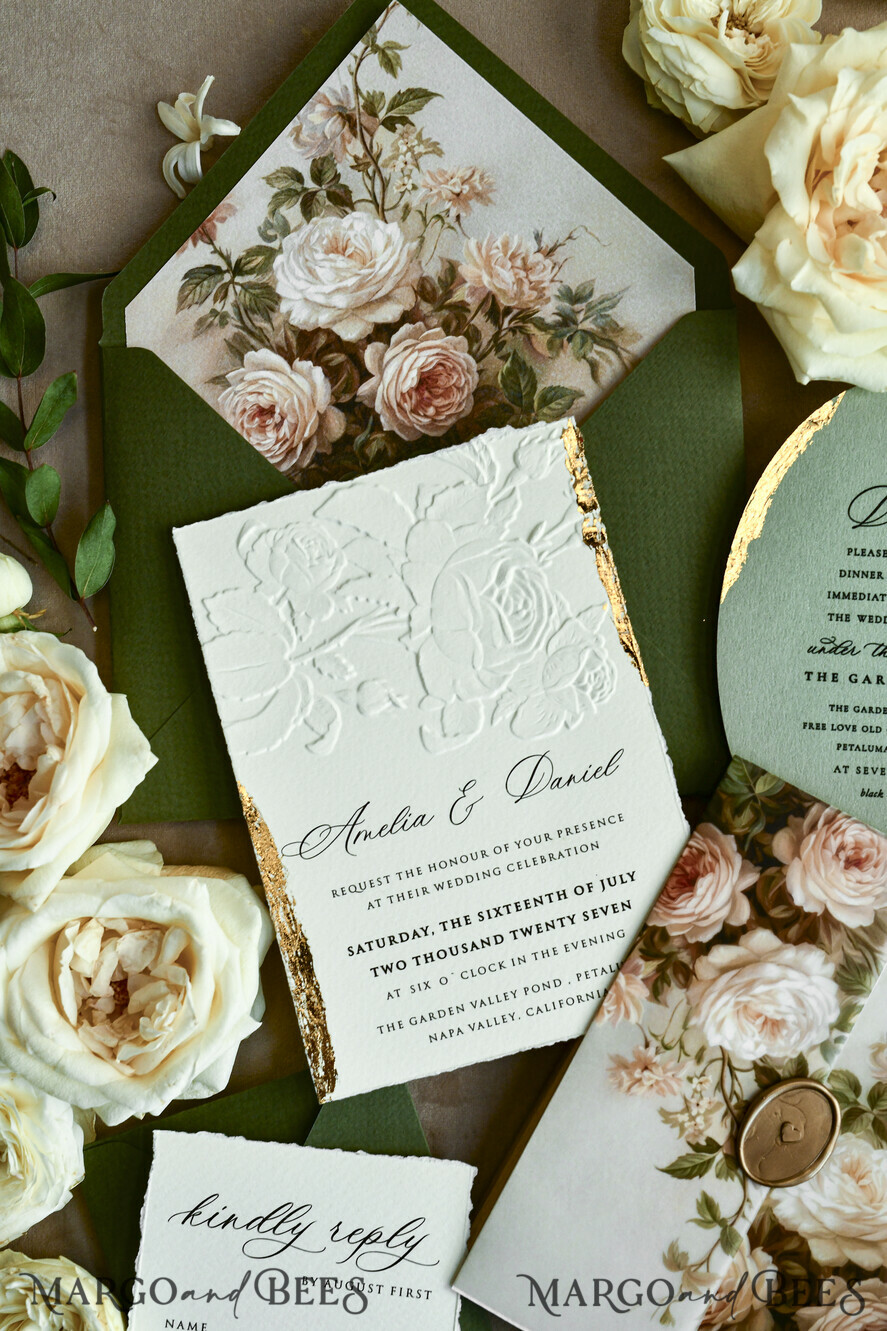 HOCHZEITS EINLADUNGEN geprägte Einladungen Fein Kunst Prägung Blinde Elfenbein Gold Hochzeitseinladung, Goldene Prägung Rosen Florale Hochzeitseinladung, Boho Ecru Prägung Einladungset, Baumwollpapier Hochzeitseinladungset, Ziselierte Kanten Einladungen, Zerfledderte Kanten Hochzeitseinladungen gold.
