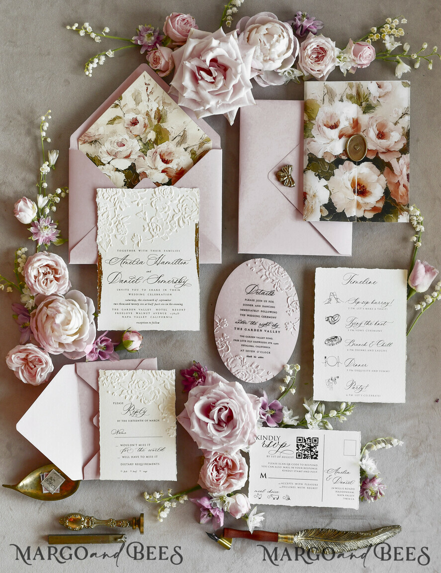 HOCHZEITS EINLADUNGEN geprägte Einladungen Rosa Blumenhochzeitskarten – Kunstvolle Einladungen mit geprägten Details, Blumenumschlag-Innenfutter