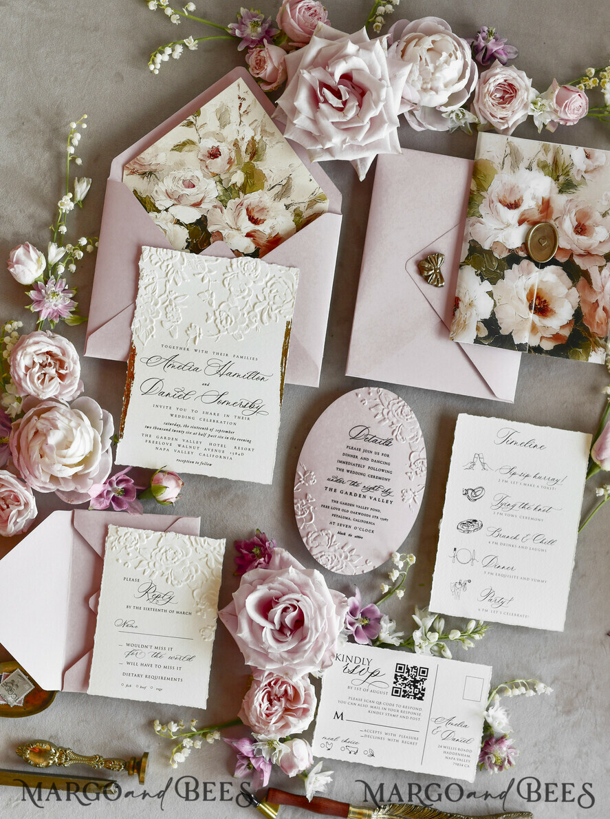 HOCHZEITS EINLADUNGEN geprägte Einladungen Rosa Blumenhochzeitskarten – Kunstvolle Einladungen mit geprägten Details, Blumenumschlag-Innenfutter