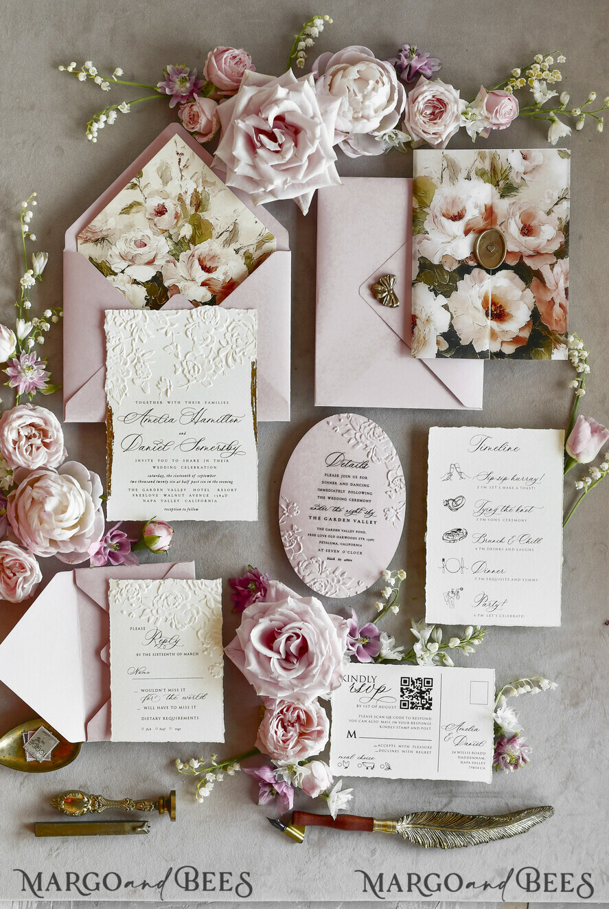 HOCHZEITS EINLADUNGEN geprägte Einladungen Rosa Blumenhochzeitskarten – Kunstvolle Einladungen mit geprägten Details, Blumenumschlag-Innenfutter
