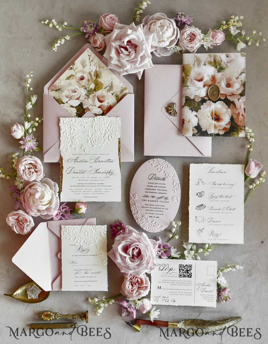 HOCHZEITS EINLADUNGEN geprägte Einladungen Rosa Blumenhochzeitskarten – Kunstvolle Einladungen mit geprägten Details, Blumenumschlag-Innenfutter