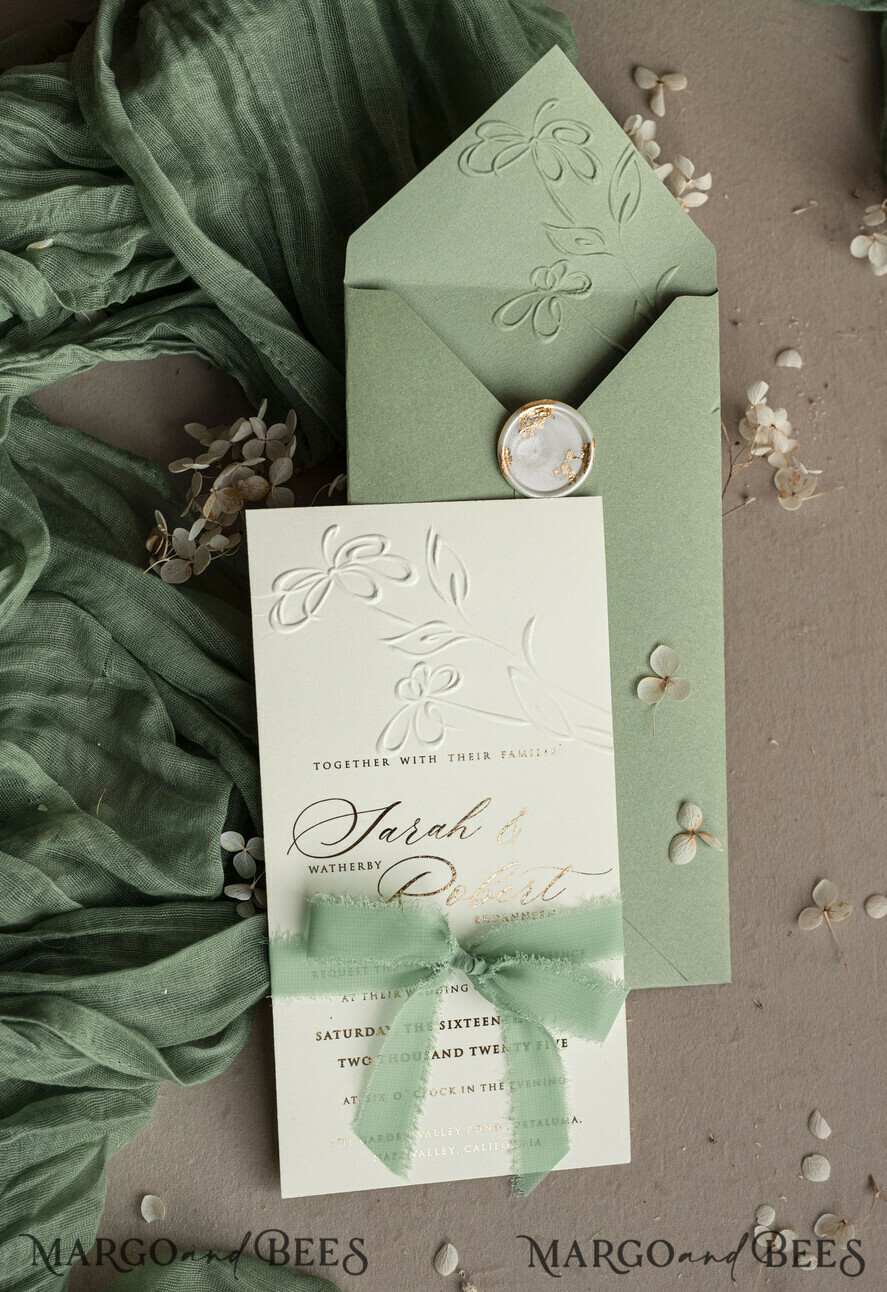 HOCHZEITS EINLADUNGEN geprägte Einladungen Maßgeschneiderte Prägung Blind Sagegrün Gold Hochzeitseinladung, Goldene Grünpflanzen deboss Florale Hochzeitseinladung, Moderne Garten Debossierte Einladung Suite, Baumwollpapier Hochzeitseinladung Suite, Hochzeitseinladungen gold.