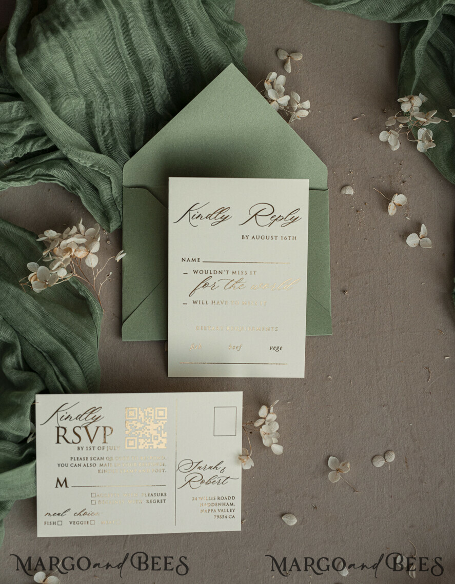 HOCHZEITS EINLADUNGEN geprägte Einladungen Maßgeschneiderte Prägung Blind Sagegrün Gold Hochzeitseinladung, Goldene Grünpflanzen deboss Florale Hochzeitseinladung, Moderne Garten Debossierte Einladung Suite, Baumwollpapier Hochzeitseinladung Suite, Hochzeitseinladungen gold.