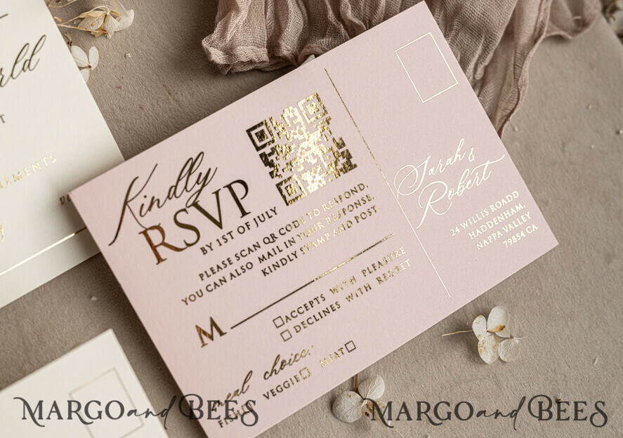 HOCHZEITS EINLADUNGEN geprägte Einladungen Maßgeschneiderte geprägte Blinde Blus Pink Gold Hochzeitseinladung, Golden Nude deboss florale Hochzeitseinladung, moderne Garten deboss Einladung Suite, Baumwollpapier Hochzeitseinladung Suite, Hochzeitseinladungen golden