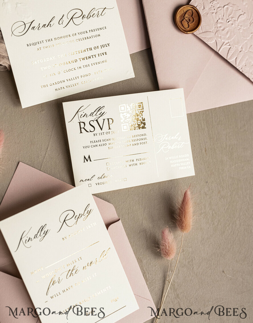 HOCHZEITS EINLADUNGEN geprägte Einladungen Feine Kunst Prägung Blinde Blush Pink Gold Hochzeitseinladung, Goldene geprägte Rosen Blumen Hochzeitseinladung, Boho Ecru geprägte Einladungssuite, Goldfolien Hochzeitseinladungssuite, Hochzeitseinladungen gold.