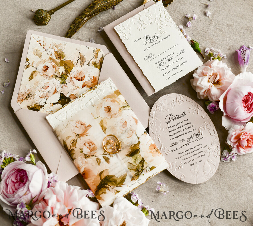 HOCHZEITS EINLADUNGEN geprägte Einladungen Rosenquarz Samt Hochzeitskarten – Geprägte Blumen Einladungen mit gezackten Kanten, Wachsiegel & Fine Art Papier