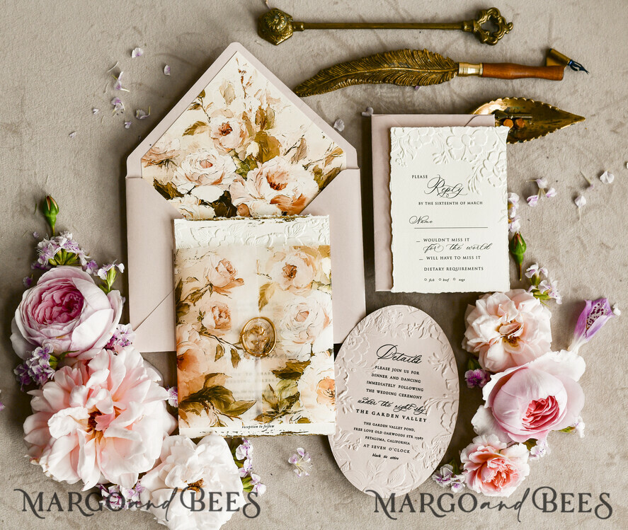 HOCHZEITS EINLADUNGEN geprägte Einladungen Rosenquarz Samt Hochzeitskarten – Geprägte Blumen Einladungen mit gezackten Kanten, Wachsiegel & Fine Art Papier