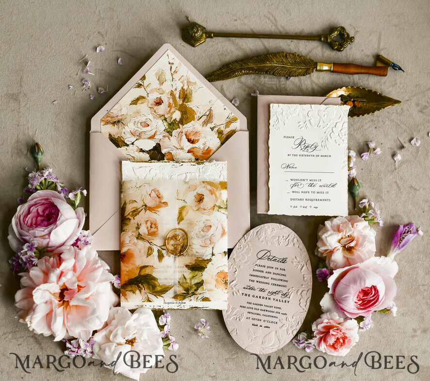 HOCHZEITS EINLADUNGEN geprägte Einladungen Rosenquarz Samt Hochzeitskarten – Geprägte Blumen Einladungen mit gezackten Kanten, Wachsiegel & Fine Art Papier