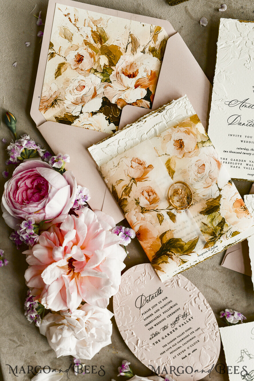 HOCHZEITS EINLADUNGEN geprägte Einladungen Rosenquarz Samt Hochzeitskarten – Geprägte Blumen Einladungen mit gezackten Kanten, Wachsiegel & Fine Art Papier
