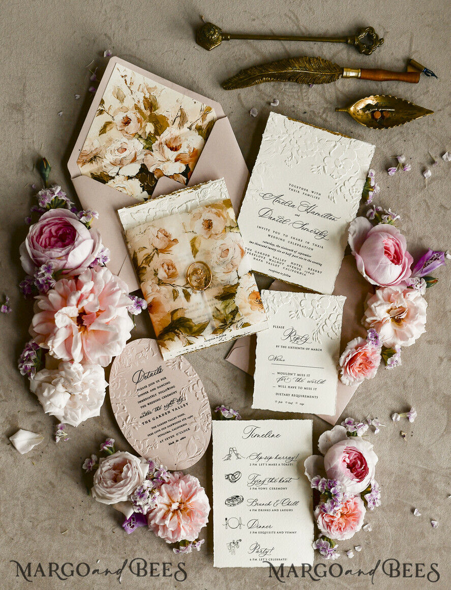 HOCHZEITS EINLADUNGEN geprägte Einladungen Rosenquarz Samt Hochzeitskarten – Geprägte Blumen Einladungen mit gezackten Kanten, Wachsiegel & Fine Art Papier