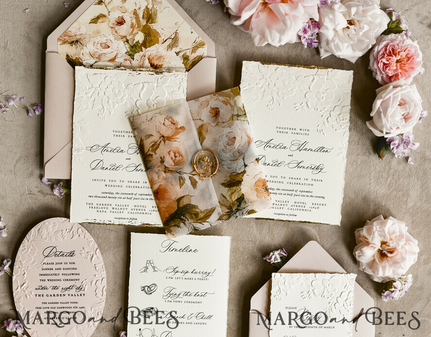 HOCHZEITS EINLADUNGEN geprägte Einladungen Rosenquarz Samt Hochzeitskarten – Geprägte Blumen Einladungen mit gezackten Kanten, Wachsiegel & Fine Art Papier