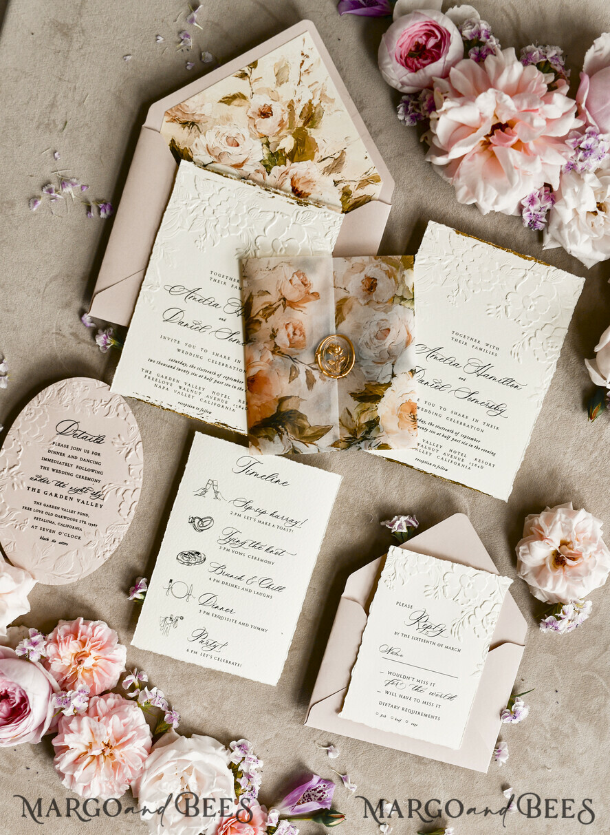 HOCHZEITS EINLADUNGEN geprägte Einladungen Rosenquarz Samt Hochzeitskarten – Geprägte Blumen Einladungen mit gezackten Kanten, Wachsiegel & Fine Art Papier