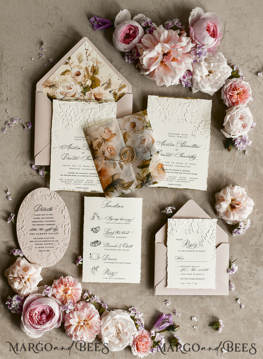 HOCHZEITS EINLADUNGEN geprägte Einladungen Rosenquarz Samt Hochzeitskarten – Geprägte Blumen Einladungen mit gezackten Kanten, Wachsiegel & Fine Art Papier