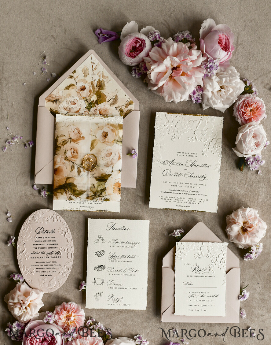 HOCHZEITS EINLADUNGEN geprägte Einladungen Rosenquarz Samt Hochzeitskarten – Geprägte Blumen Einladungen mit gezackten Kanten, Wachsiegel & Fine Art Papier
