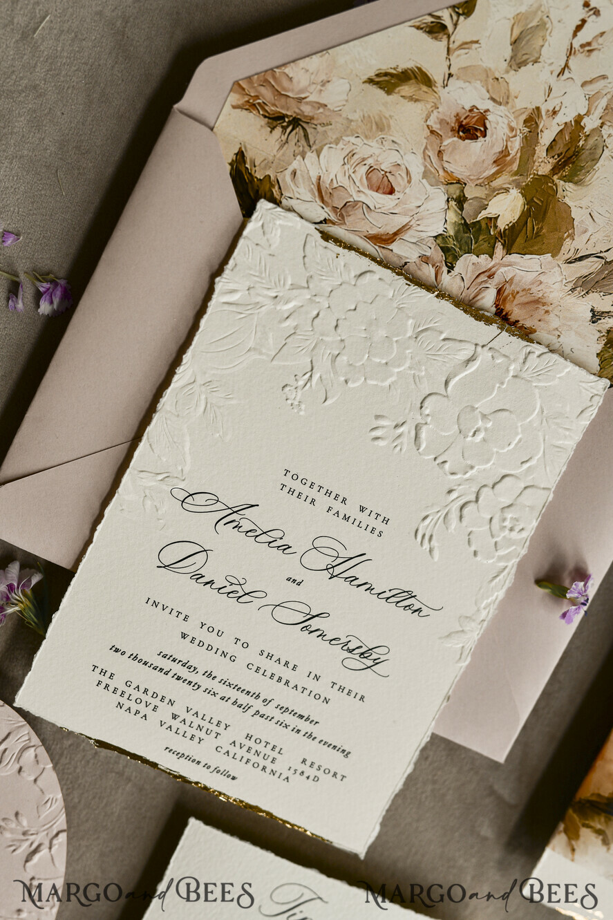 HOCHZEITS EINLADUNGEN geprägte Einladungen Rosenquarz Samt Hochzeitskarten – Geprägte Blumen Einladungen mit gezackten Kanten, Wachsiegel & Fine Art Papier