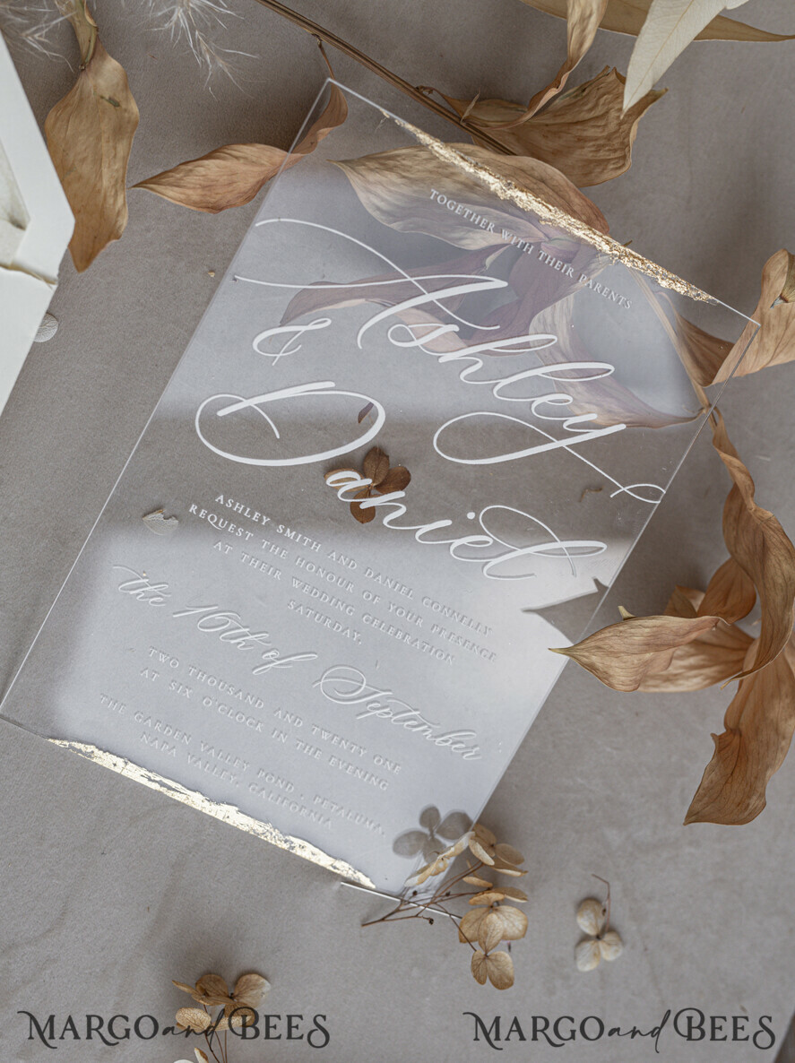 HOCHZEITS EINLADUNGEN Plexiglas Acrylspiegel Elfenbein Perlen Hochzeitskarten, elegante klare Acryl-Hochzeitskarten, plexi transparente Hochzeitseinladungen, Hochzeits Einladungset mit Perlen