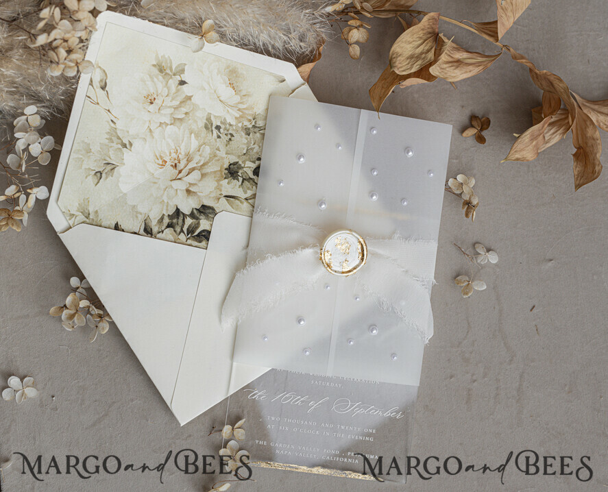 HOCHZEITS EINLADUNGEN Plexiglas Acrylspiegel Elfenbein Perlen Hochzeitskarten, elegante klare Acryl-Hochzeitskarten, plexi transparente Hochzeitseinladungen, Hochzeits Einladungset mit Perlen
