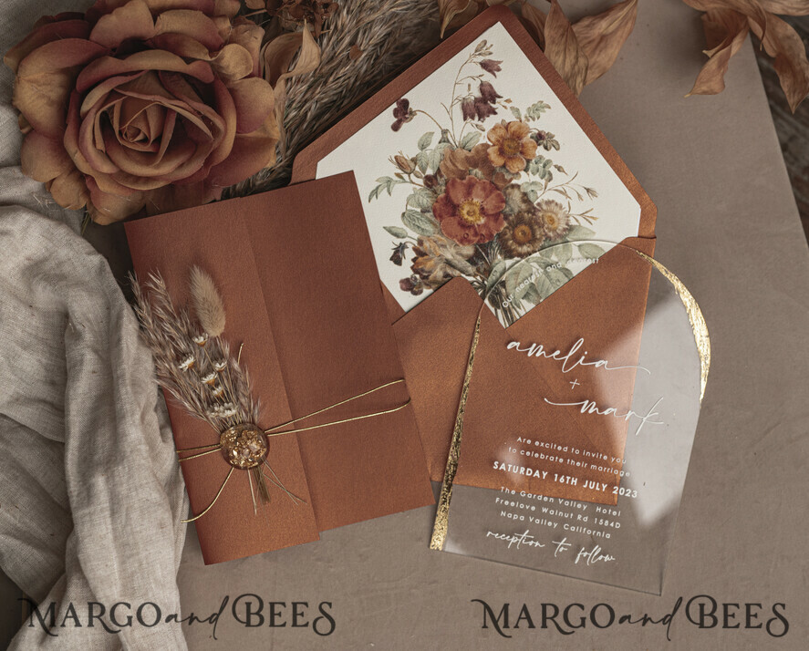 HOCHZEITS EINLADUNGEN Plexiglas Acrylspiegel Herbst Terracotta Klare Bogen Hochzeitskarten, Elegante Gartenhochzeitseinladungen im Herbst, Gebrannte Orange Acryl transparente Hochzeitskarten, Bogen Plexi Hochzeits Einladungset.