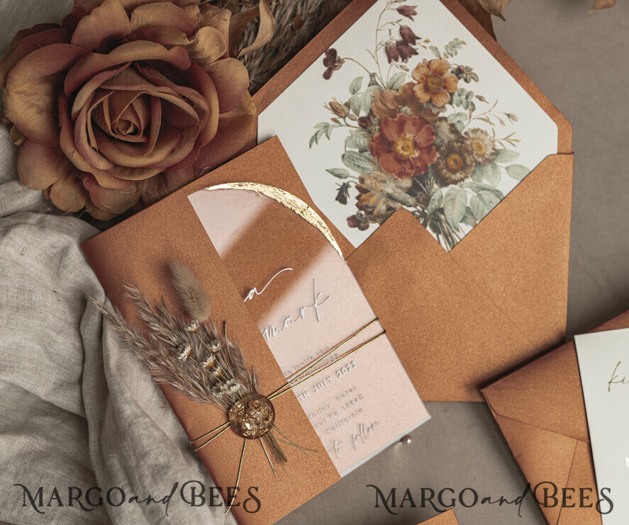 HOCHZEITS EINLADUNGEN Plexiglas Acrylspiegel Herbst Terracotta Klare Bogen Hochzeitskarten, Elegante Gartenhochzeitseinladungen im Herbst, Gebrannte Orange Acryl transparente Hochzeitskarten, Bogen Plexi Hochzeits Einladungset.