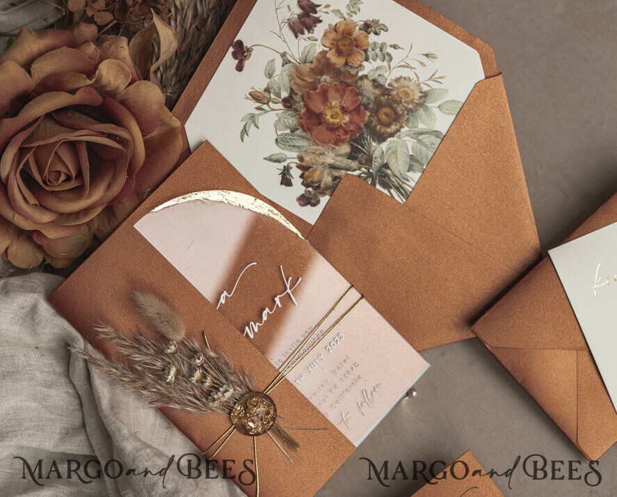HOCHZEITS EINLADUNGEN Plexiglas Acrylspiegel Herbst Terracotta Klare Bogen Hochzeitskarten, Elegante Gartenhochzeitseinladungen im Herbst, Gebrannte Orange Acryl transparente Hochzeitskarten, Bogen Plexi Hochzeits Einladungset.