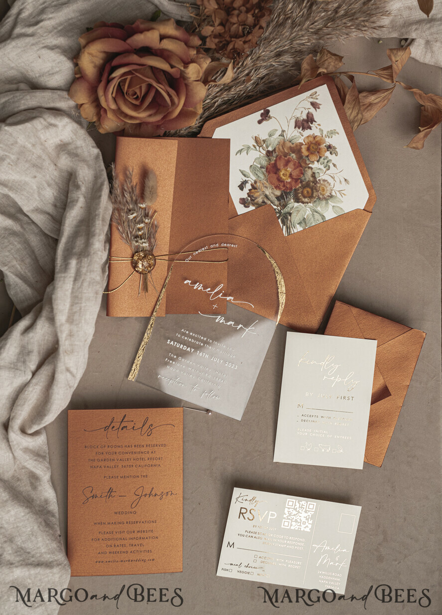 HOCHZEITS EINLADUNGEN Plexiglas Acrylspiegel Herbst Terracotta Klare Bogen Hochzeitskarten, Elegante Gartenhochzeitseinladungen im Herbst, Gebrannte Orange Acryl transparente Hochzeitskarten, Bogen Plexi Hochzeits Einladungset.