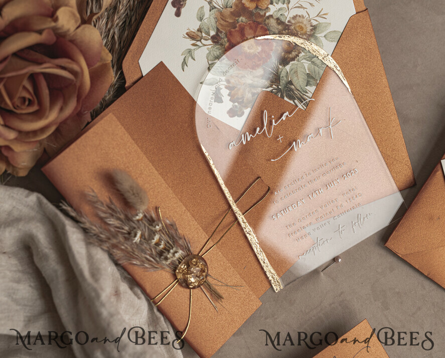 HOCHZEITS EINLADUNGEN Plexiglas Acrylspiegel Herbst Terracotta Klare Bogen Hochzeitskarten, Elegante Gartenhochzeitseinladungen im Herbst, Gebrannte Orange Acryl transparente Hochzeitskarten, Bogen Plexi Hochzeits Einladungset.
