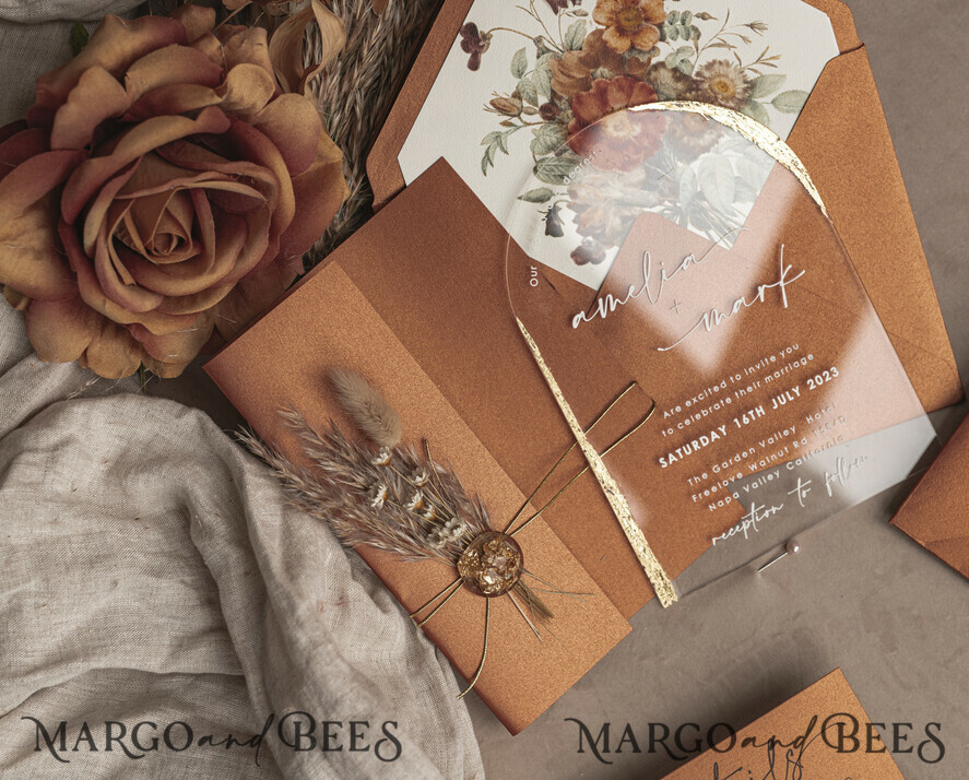 HOCHZEITS EINLADUNGEN Plexiglas Acrylspiegel Herbst Terracotta Klare Bogen Hochzeitskarten, Elegante Gartenhochzeitseinladungen im Herbst, Gebrannte Orange Acryl transparente Hochzeitskarten, Bogen Plexi Hochzeits Einladungset.
