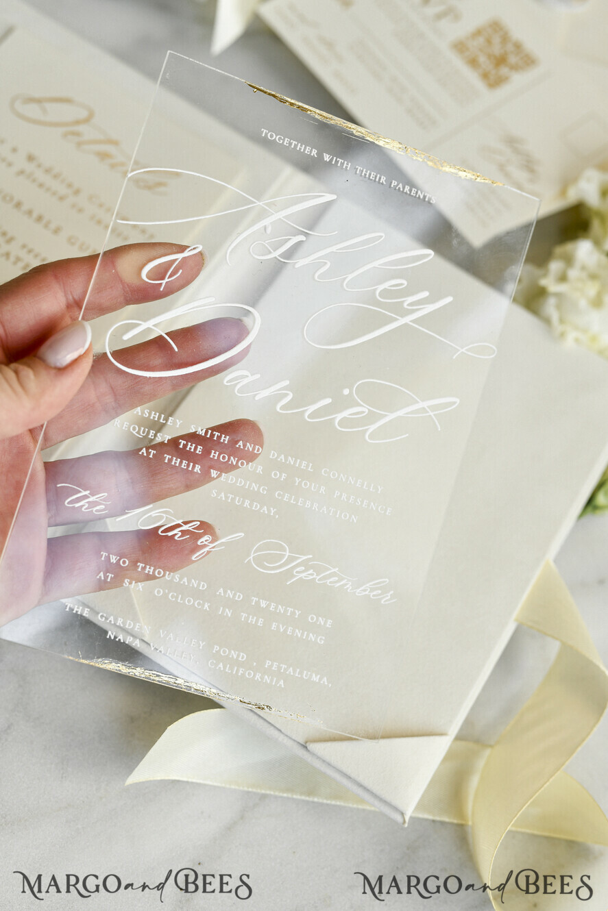 HOCHZEITS EINLADUNGEN Plexiglas Acrylspiegel Samtene Cover Klare Hochzeitskarten, elegante staubblaue Hochzeitskarten, Acrylhochzeits-Einladungen, Spiegelgold Plexi Einladungssatz