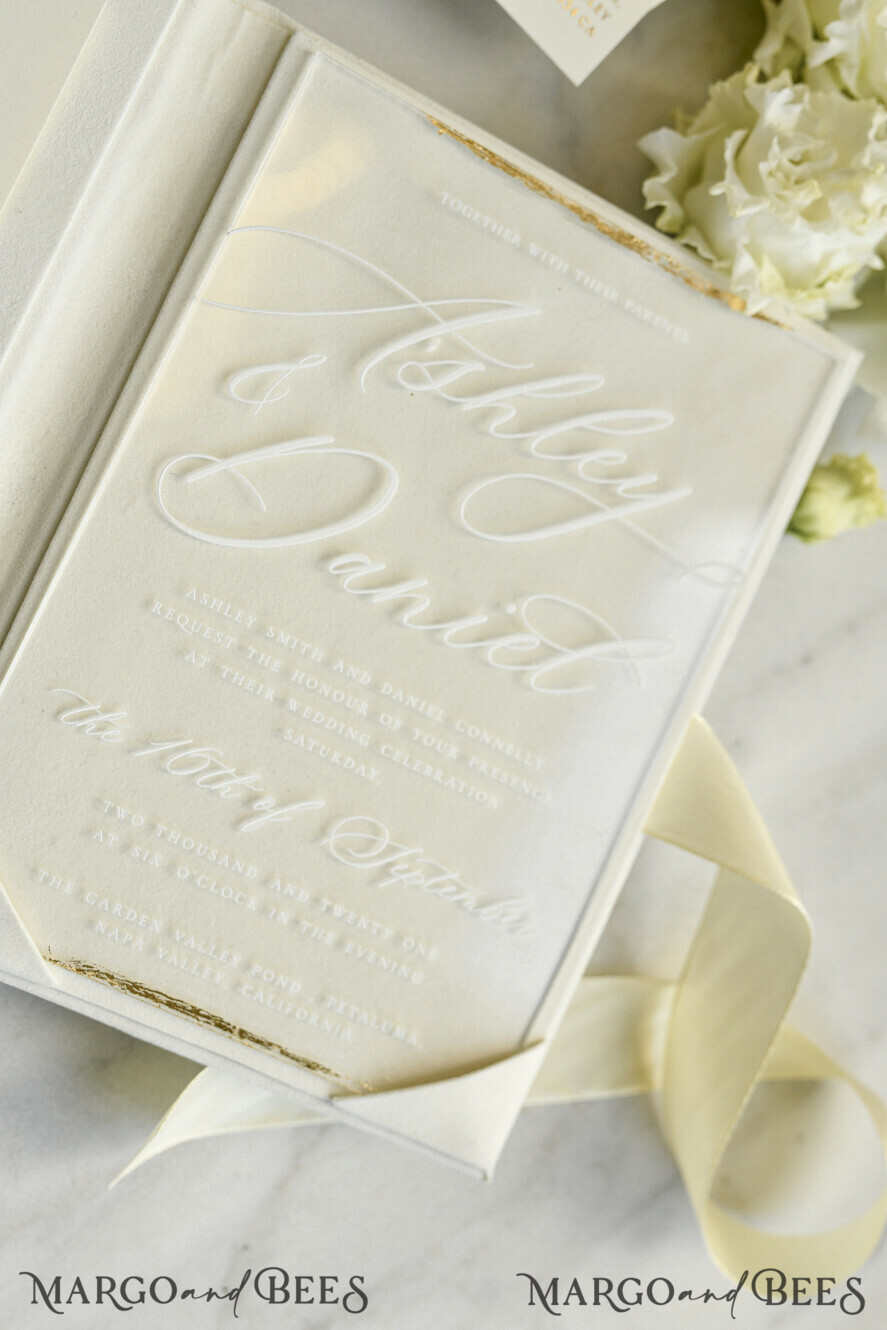 HOCHZEITS EINLADUNGEN Plexiglas Acrylspiegel Samtene Cover Klare Hochzeitskarten, elegante staubblaue Hochzeitskarten, Acrylhochzeits-Einladungen, Spiegelgold Plexi Einladungssatz
