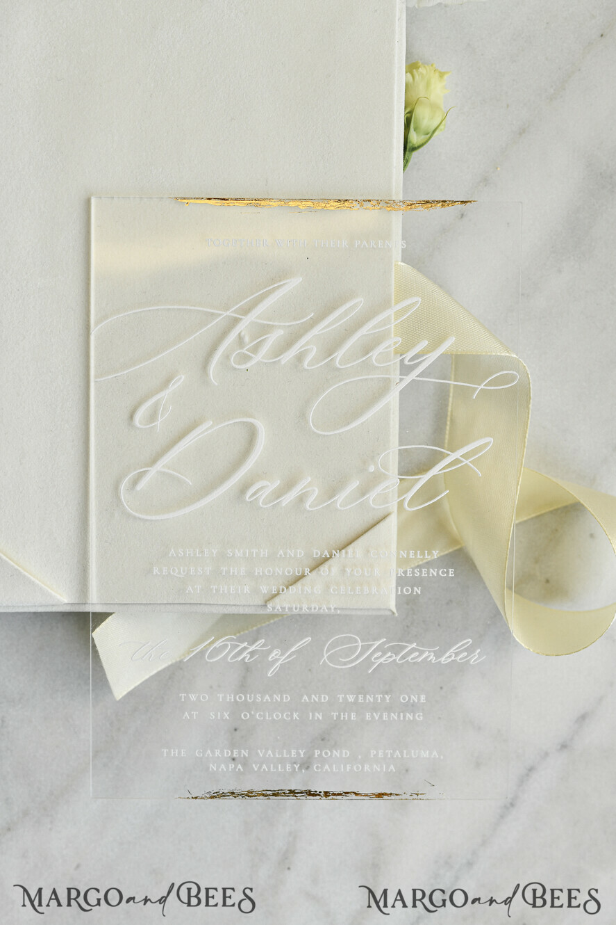 HOCHZEITS EINLADUNGEN Plexiglas Acrylspiegel Samtene Cover Klare Hochzeitskarten, elegante staubblaue Hochzeitskarten, Acrylhochzeits-Einladungen, Spiegelgold Plexi Einladungssatz