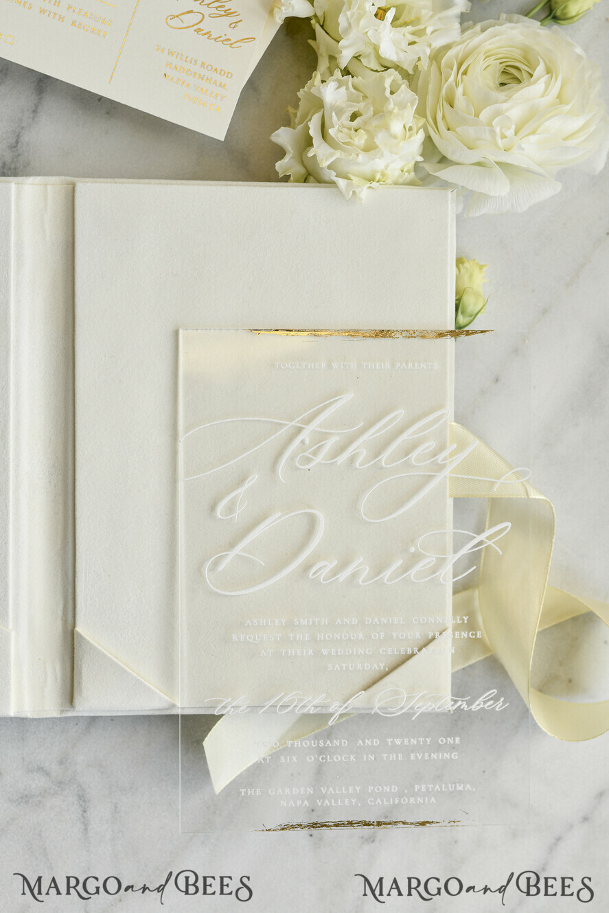 HOCHZEITS EINLADUNGEN Plexiglas Acrylspiegel Samtene Cover Klare Hochzeitskarten, elegante staubblaue Hochzeitskarten, Acrylhochzeits-Einladungen, Spiegelgold Plexi Einladungssatz