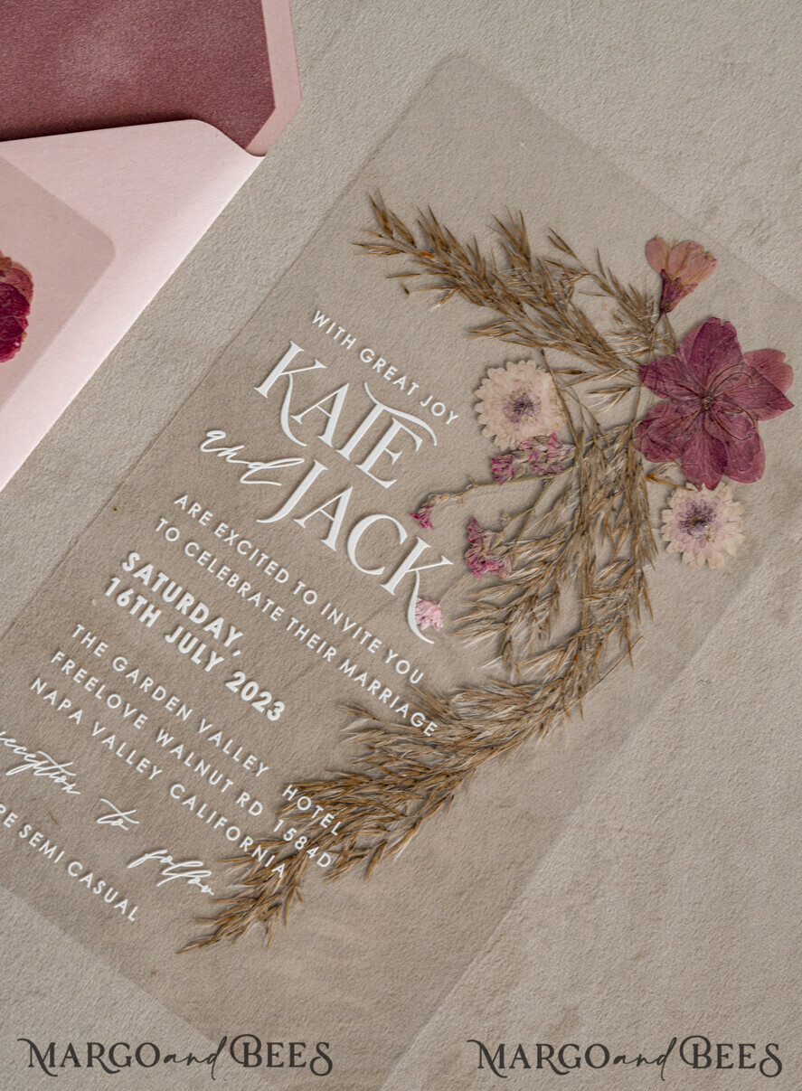 HOCHZEITS EINLADUNGEN Plexiglas Acrylspiegel Rosa klare echte Blumen Hochzeitskarten, elegante Garten Pampasgras Hochzeitskarten, samt transparente Hochzeitseinladungen, Hochzeitsinvitation Suite