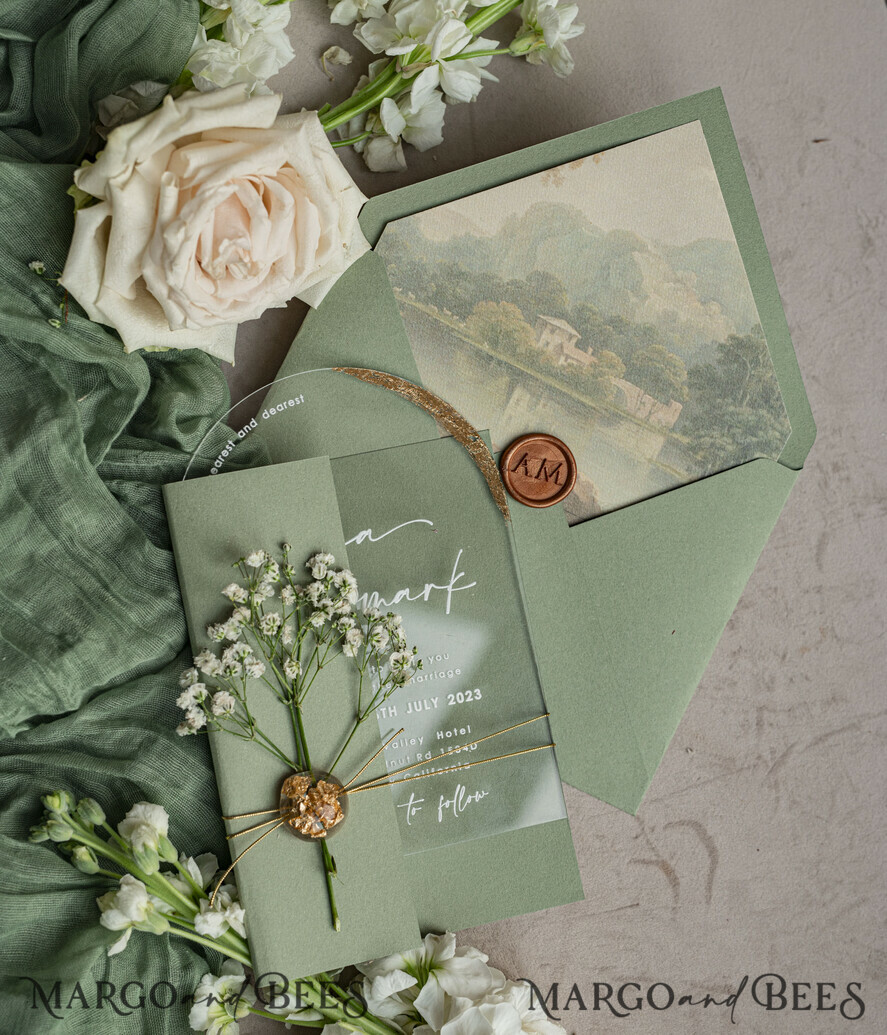 HOCHZEITS EINLADUNGEN Plexiglas Acrylspiegel Sage Green Klare Gewölbte Hochzeitseinladungen, Elegante Gartenhochzeit Karten, Grünpflanzen Acryl transparente Hochzeitseinladungen, Bogen Plexi Hochzeitseinladung Suite
