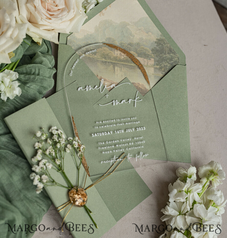 HOCHZEITS EINLADUNGEN Plexiglas Acrylspiegel Sage Green Klare Gewölbte Hochzeitseinladungen, Elegante Gartenhochzeit Karten, Grünpflanzen Acryl transparente Hochzeitseinladungen, Bogen Plexi Hochzeitseinladung Suite
