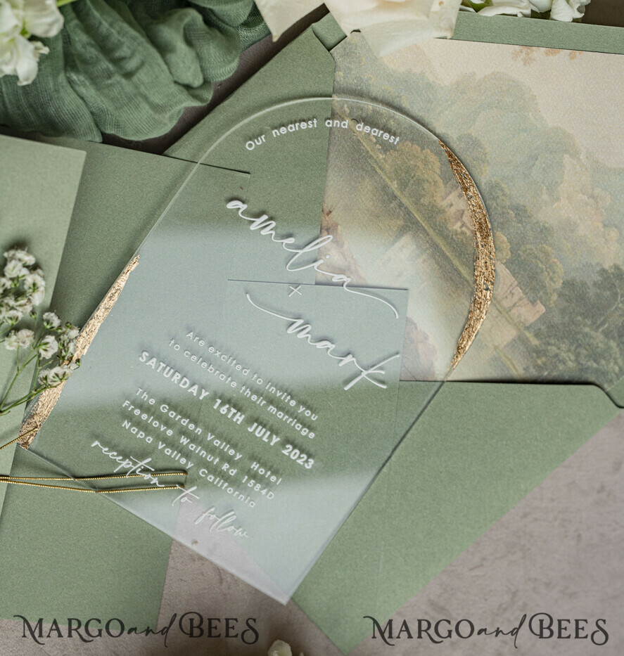 HOCHZEITS EINLADUNGEN Plexiglas Acrylspiegel Sage Green Klare Gewölbte Hochzeitseinladungen, Elegante Gartenhochzeit Karten, Grünpflanzen Acryl transparente Hochzeitseinladungen, Bogen Plexi Hochzeitseinladung Suite