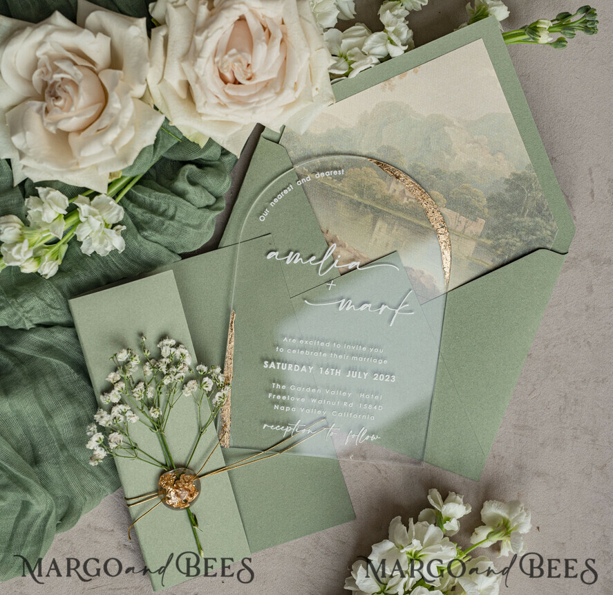 HOCHZEITS EINLADUNGEN Plexiglas Acrylspiegel Sage Green Klare Gewölbte Hochzeitseinladungen, Elegante Gartenhochzeit Karten, Grünpflanzen Acryl transparente Hochzeitseinladungen, Bogen Plexi Hochzeitseinladung Suite