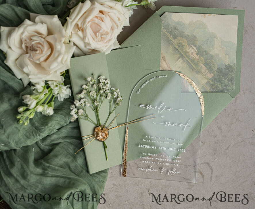 HOCHZEITS EINLADUNGEN Plexiglas Acrylspiegel Sage Green Klare Gewölbte Hochzeitseinladungen, Elegante Gartenhochzeit Karten, Grünpflanzen Acryl transparente Hochzeitseinladungen, Bogen Plexi Hochzeitseinladung Suite