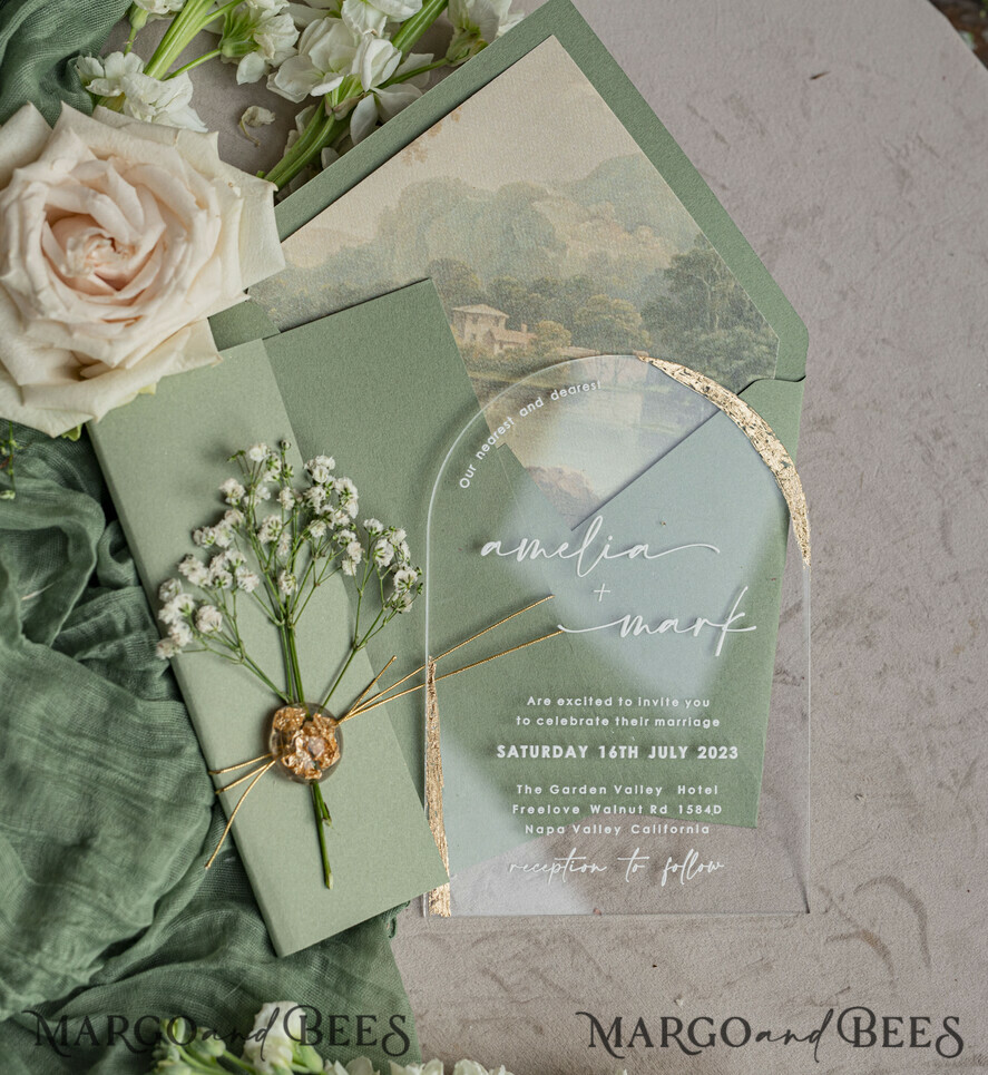 HOCHZEITS EINLADUNGEN Plexiglas Acrylspiegel Sage Green Klare Gewölbte Hochzeitseinladungen, Elegante Gartenhochzeit Karten, Grünpflanzen Acryl transparente Hochzeitseinladungen, Bogen Plexi Hochzeitseinladung Suite