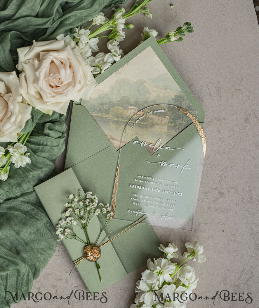 HOCHZEITS EINLADUNGEN Plexiglas Acrylspiegel Sage Green Klare Gewölbte Hochzeitseinladungen, Elegante Gartenhochzeit Karten, Grünpflanzen Acryl transparente Hochzeitseinladungen, Bogen Plexi Hochzeitseinladung Suite