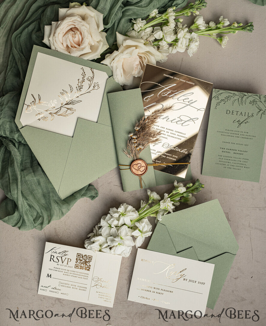 HOCHZEITS EINLADUNGEN Plexiglas Acrylspiegel Salbeigrüne Spiegelgold-Hochzeitseinladungen, elegante Gartenhochzeitskarten, Grünpflanzen-Acryl-Hochzeitseinladungen, Spiegelgold-Plexi-Hochzeitseinladungssuite.