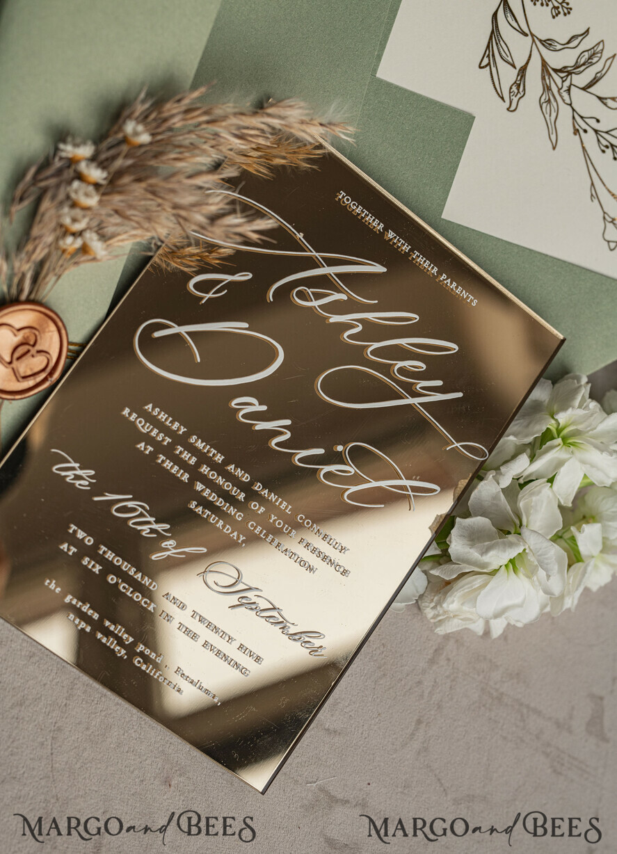 HOCHZEITS EINLADUNGEN Plexiglas Acrylspiegel Salbeigrüne Spiegelgold-Hochzeitseinladungen, elegante Gartenhochzeitskarten, Grünpflanzen-Acryl-Hochzeitseinladungen, Spiegelgold-Plexi-Hochzeitseinladungssuite.