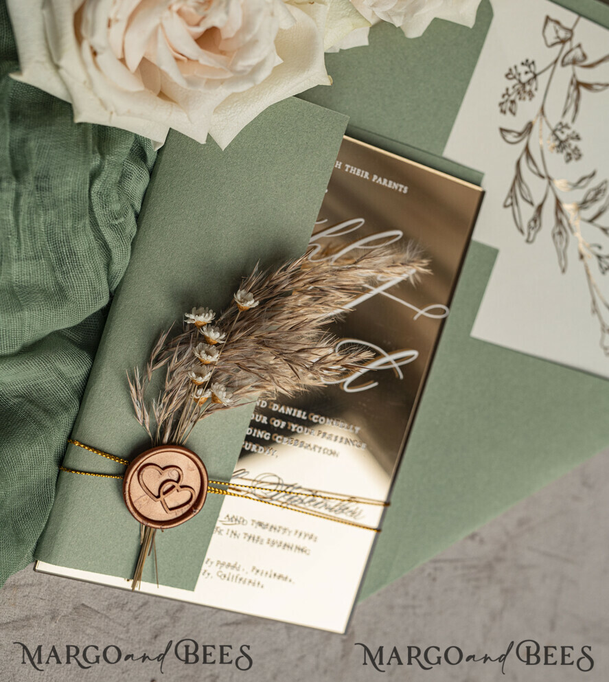 HOCHZEITS EINLADUNGEN Plexiglas Acrylspiegel Salbeigrüne Spiegelgold-Hochzeitseinladungen, elegante Gartenhochzeitskarten, Grünpflanzen-Acryl-Hochzeitseinladungen, Spiegelgold-Plexi-Hochzeitseinladungssuite.