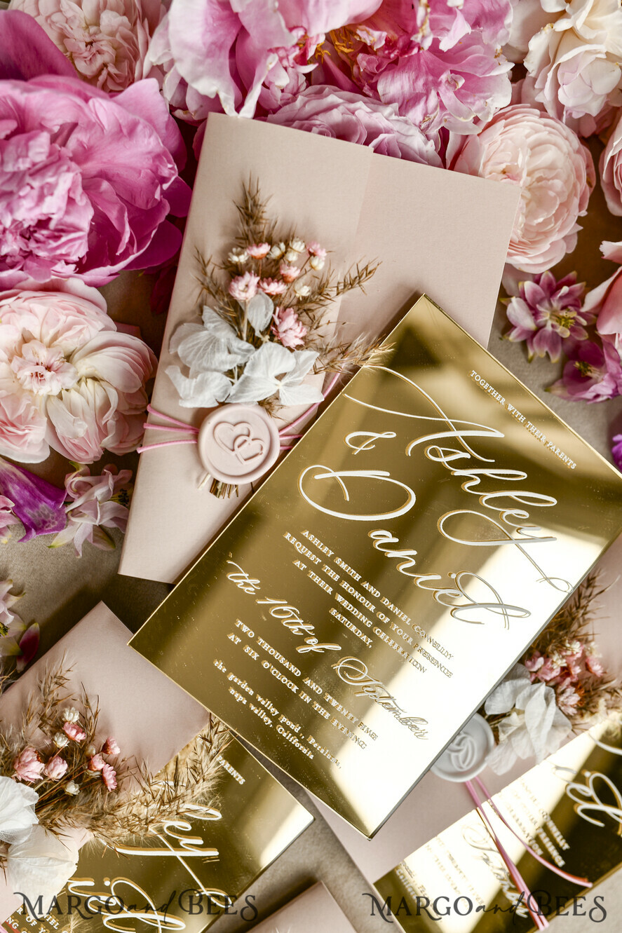 HOCHZEITS EINLADUNGEN Plexiglas Acrylspiegel Gold Spiegel Acryl Hochzeitseinladungen – Luxuriöse Plexiglas Hochzeitseinladung Suite mit Wachssiegel & QR RSVP